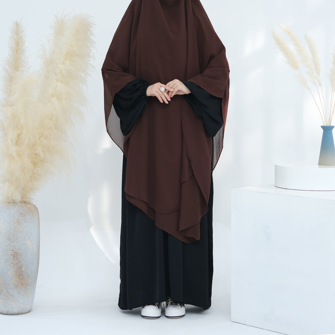 Get trendy with 2-layer Maxi Chiffon Khimar - Coffee -  available at Voilee NY. Grab yours for $44.90 today!