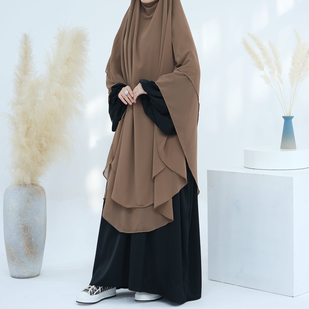 Get trendy with 2-layer Maxi Chiffon Khimar - Beige - Hijab available at Voilee NY. Grab yours for $44.90 today!