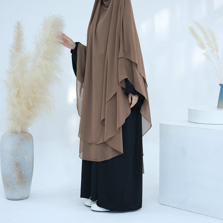 Get trendy with 2-layer Maxi Chiffon Khimar - Beige - Hijab available at Voilee NY. Grab yours for $44.90 today!