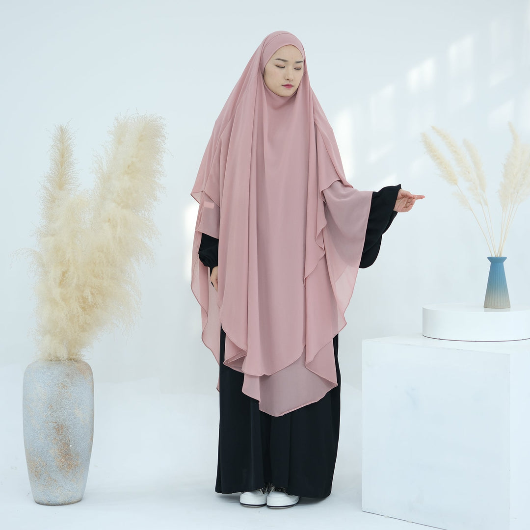Get trendy with 2-layer Maxi Chiffon Khimar - Pink -  available at Voilee NY. Grab yours for $44.90 today!