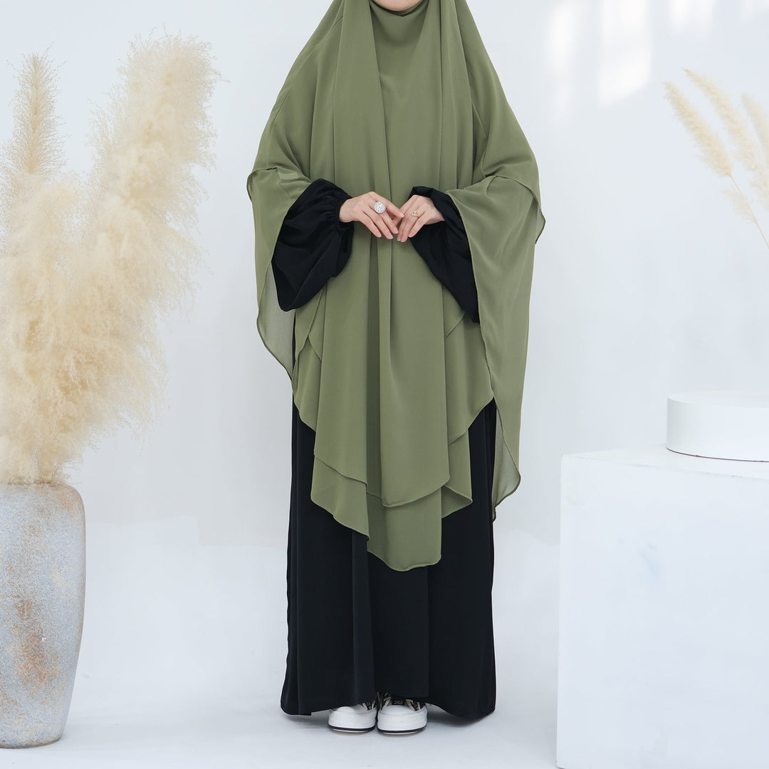 Get trendy with 2-layer Maxi Chiffon Khimar - Moss Green -  available at Voilee NY. Grab yours for $44.90 today!