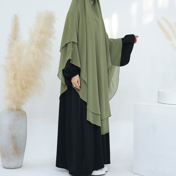 Get trendy with 2-layer Maxi Chiffon Khimar - Moss Green -  available at Voilee NY. Grab yours for $44.90 today!