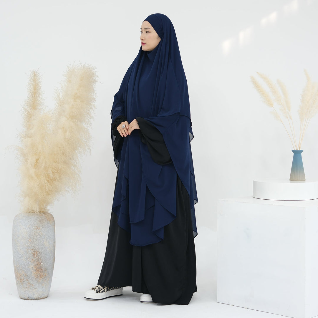 Get trendy with 2-layer Maxi Chiffon Khimar - Navy -  available at Voilee NY. Grab yours for $44.90 today!