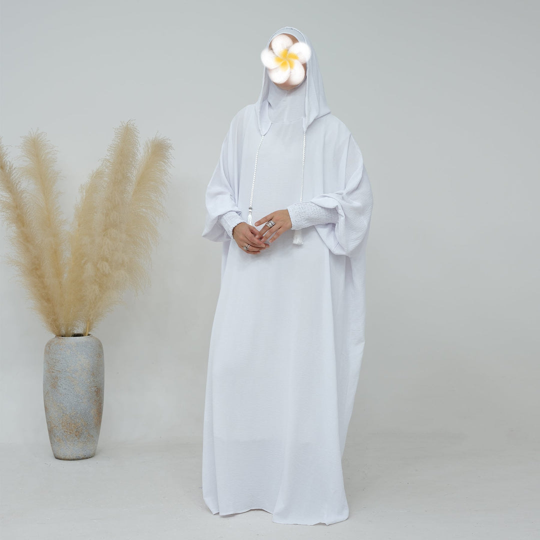 Get trendy with Rubina Double Hoodie Abaya - White - Dresses available at Voilee NY. Grab yours for $59.99 today!