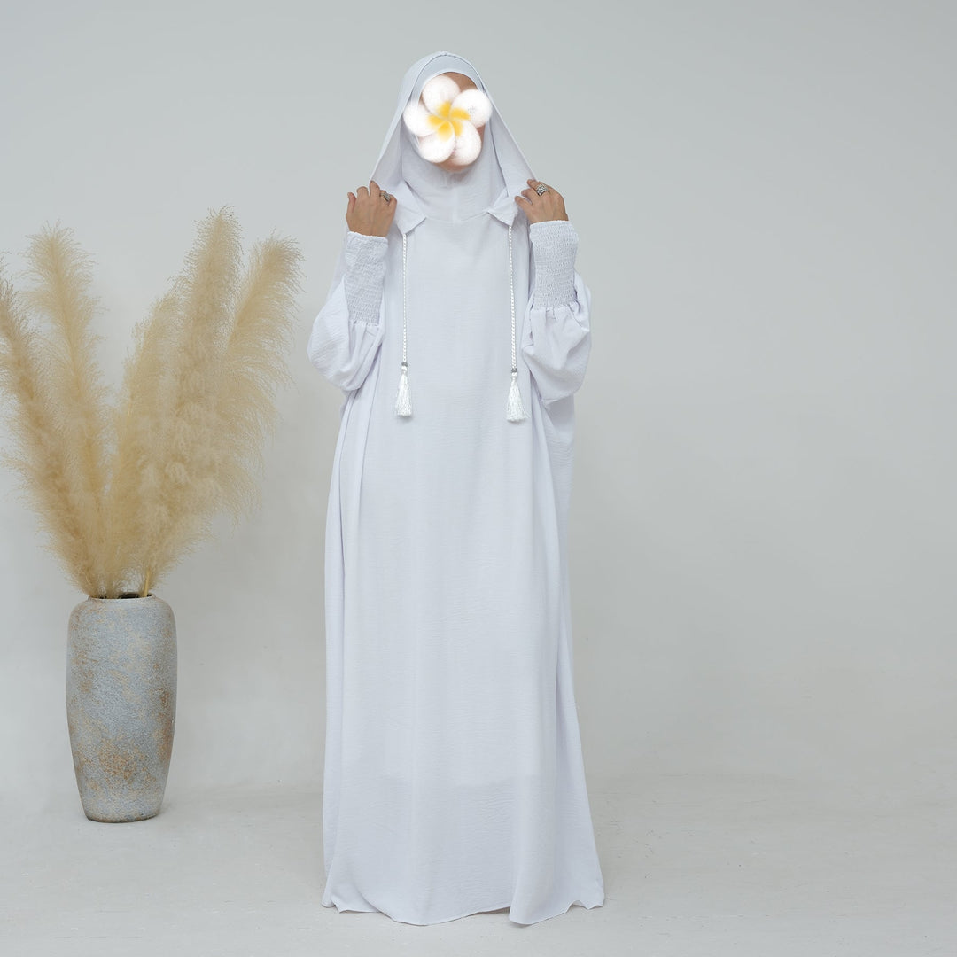 Get trendy with Rubina Double Hoodie Abaya - White - Dresses available at Voilee NY. Grab yours for $59.99 today!