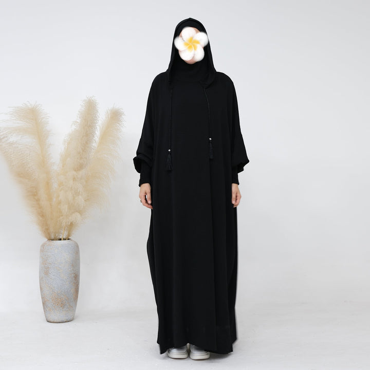 Get trendy with Rubina Double Hoodie Abaya - Black - Dresses available at Voilee NY. Grab yours for $59.99 today!