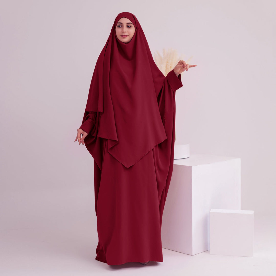 Get trendy with Amira Abaya Set - Wine - Dresses available at Voilee NY. Grab yours for $74.90 today!