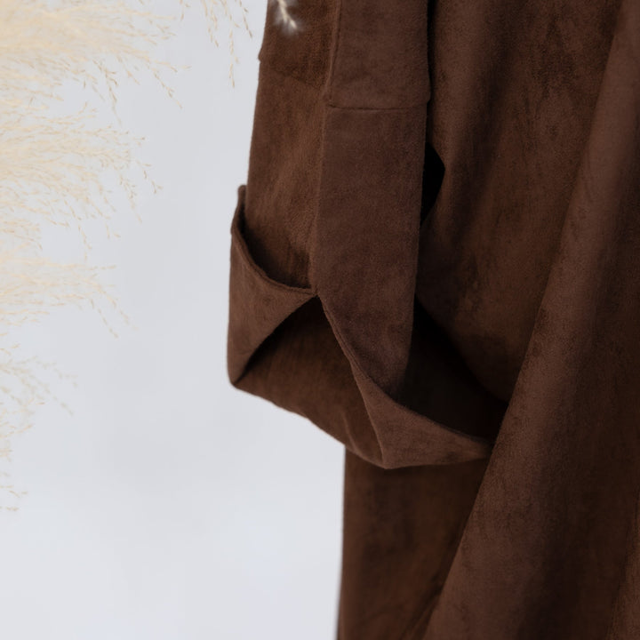 Get trendy with Ellie Suede Cold Weather Duster - Brown - Cardigan available at Voilee NY. Grab yours for $54.90 today!