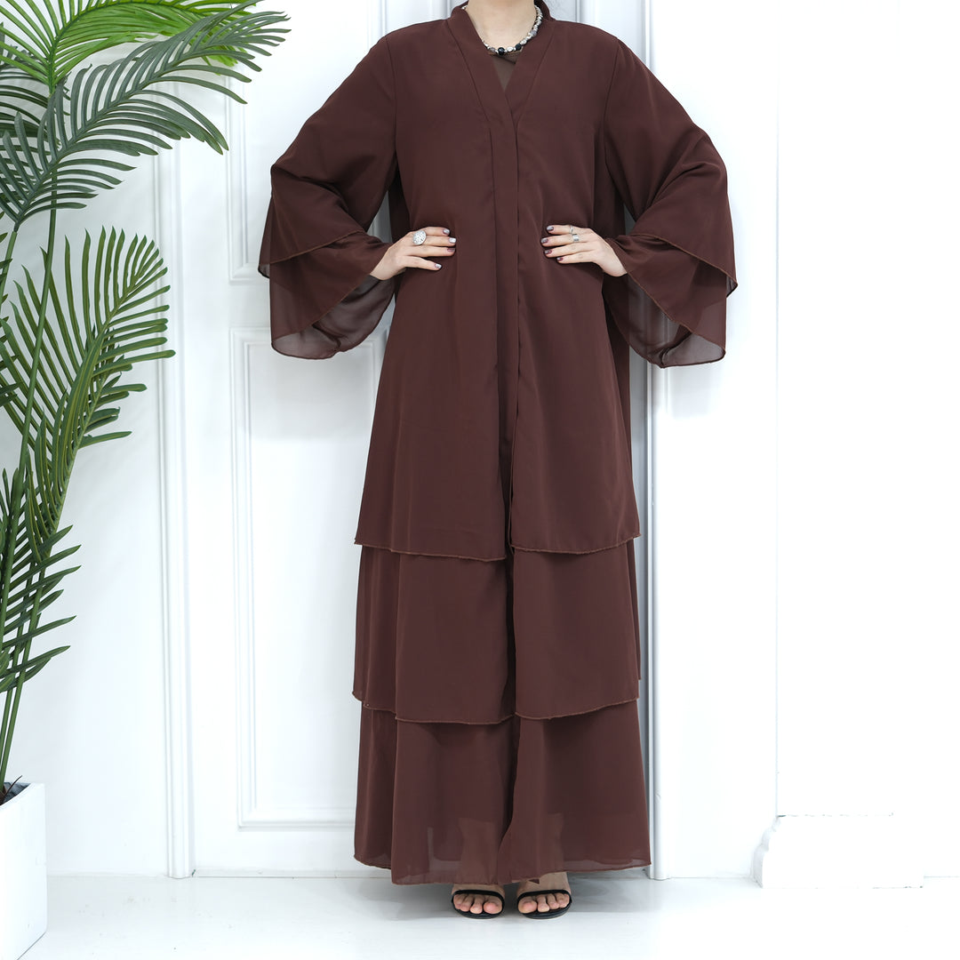 Get trendy with Zariah Layered Hem Chiffon Open Abaya - Brown - Cardigan available at Voilee NY. Grab yours for $69.90 today!