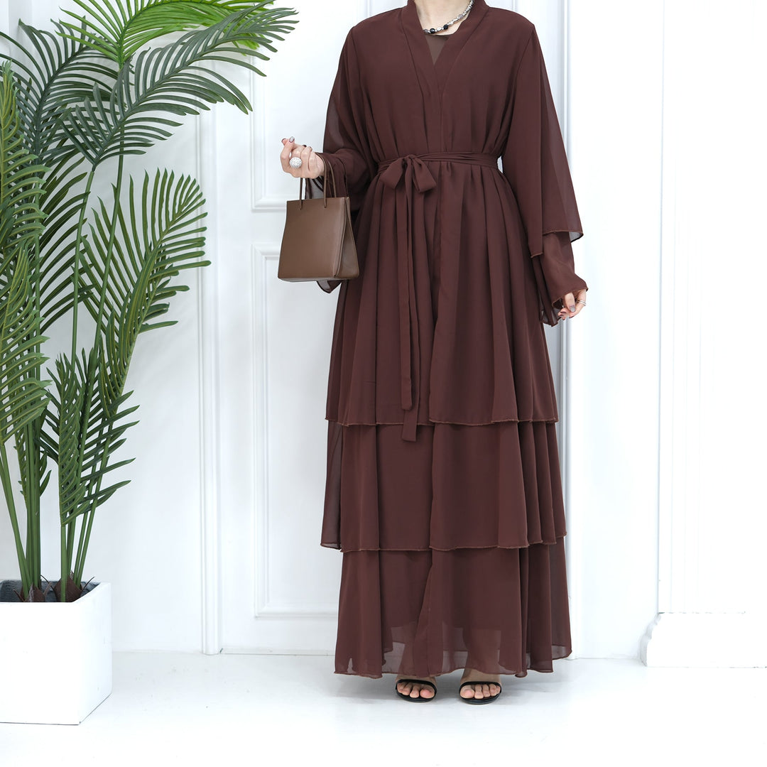 Get trendy with Zariah Layered Hem Chiffon Open Abaya - Brown - Cardigan available at Voilee NY. Grab yours for $69.90 today!