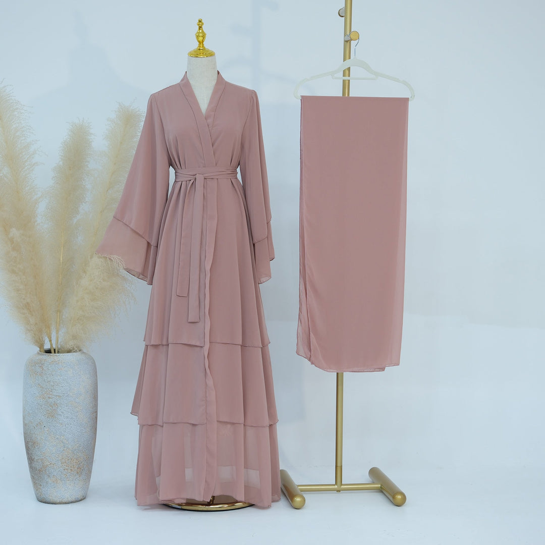 Get trendy with Zariah Layered Hem Chiffon Open Abaya - Coral - Cardigan available at Voilee NY. Grab yours for $69.90 today!