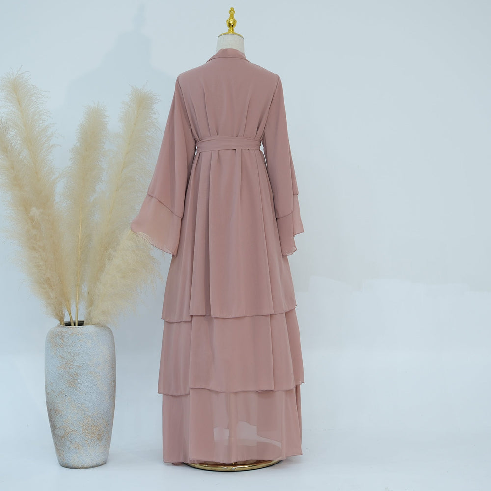 Get trendy with Zariah Layered Hem Chiffon Open Abaya - Coral - Cardigan available at Voilee NY. Grab yours for $69.90 today!
