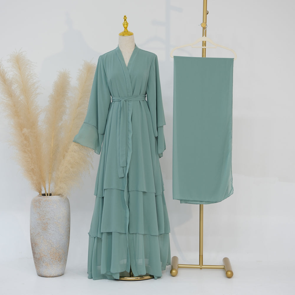 Get trendy with Zariah Layered Hem Chiffon Open Abaya - Mint - Cardigan available at Voilee NY. Grab yours for $69.90 today!