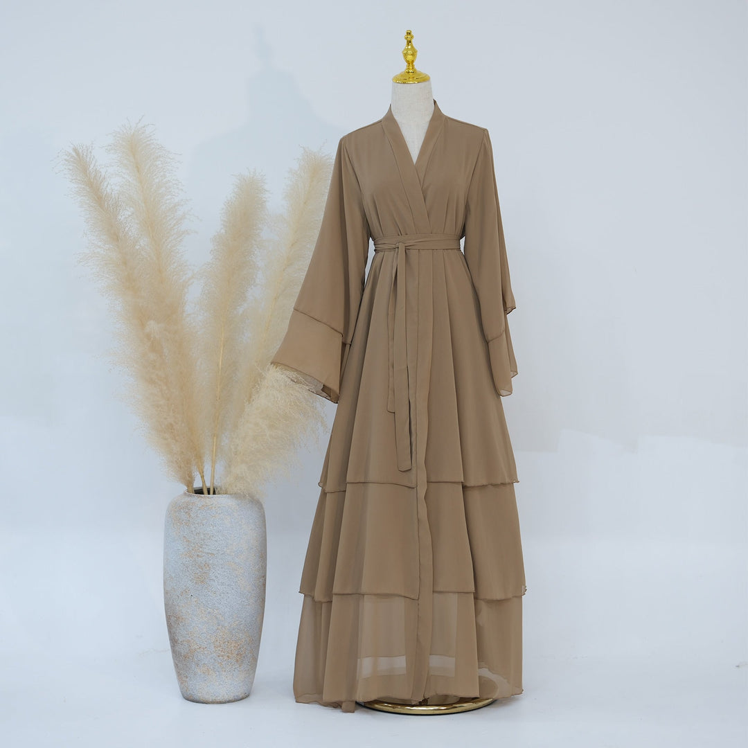 Get trendy with Zariah Layered Hem Chiffon Open Abaya - Camel - Cardigan available at Voilee NY. Grab yours for $69.90 today!