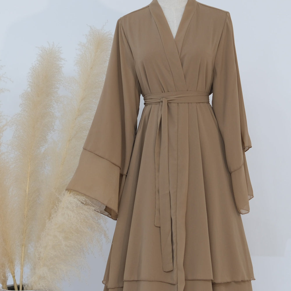 Get trendy with Zariah Layered Hem Chiffon Open Abaya - Camel - Cardigan available at Voilee NY. Grab yours for $69.90 today!