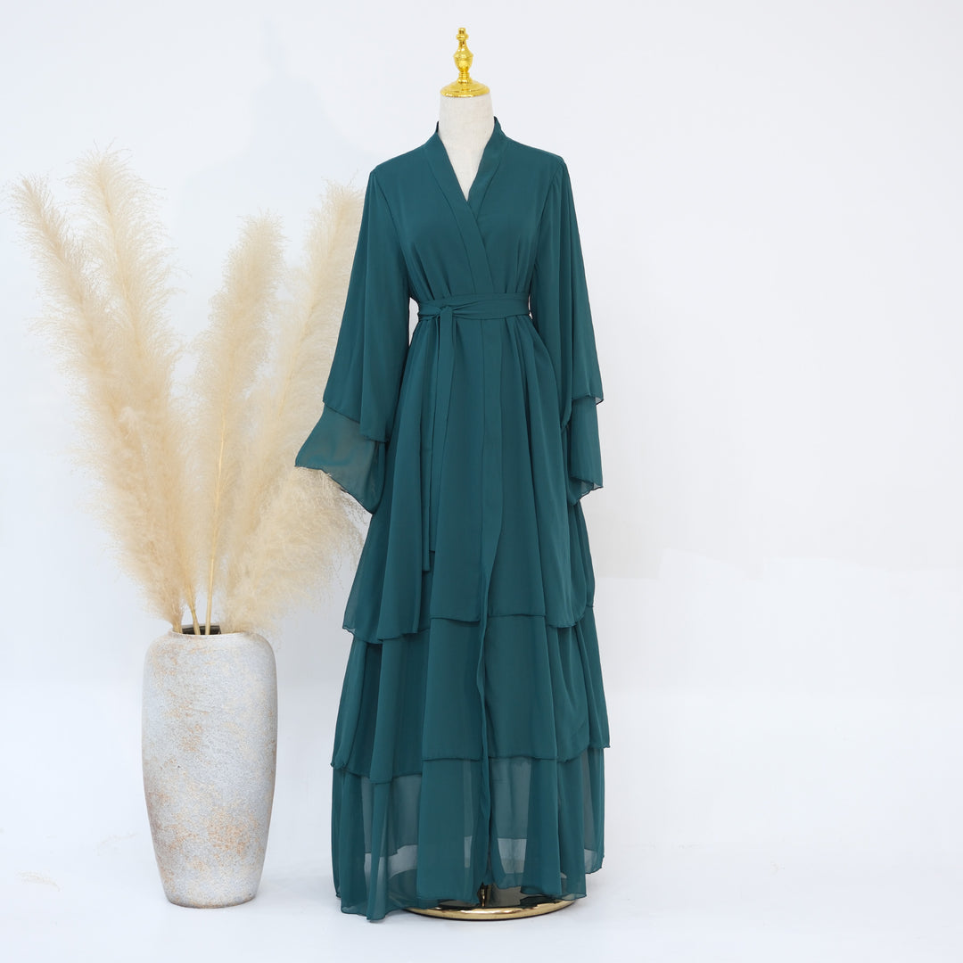 Get trendy with Zariah Layered Hem Chiffon Open Abaya - Teal - Cardigan available at Voilee NY. Grab yours for $69.90 today!