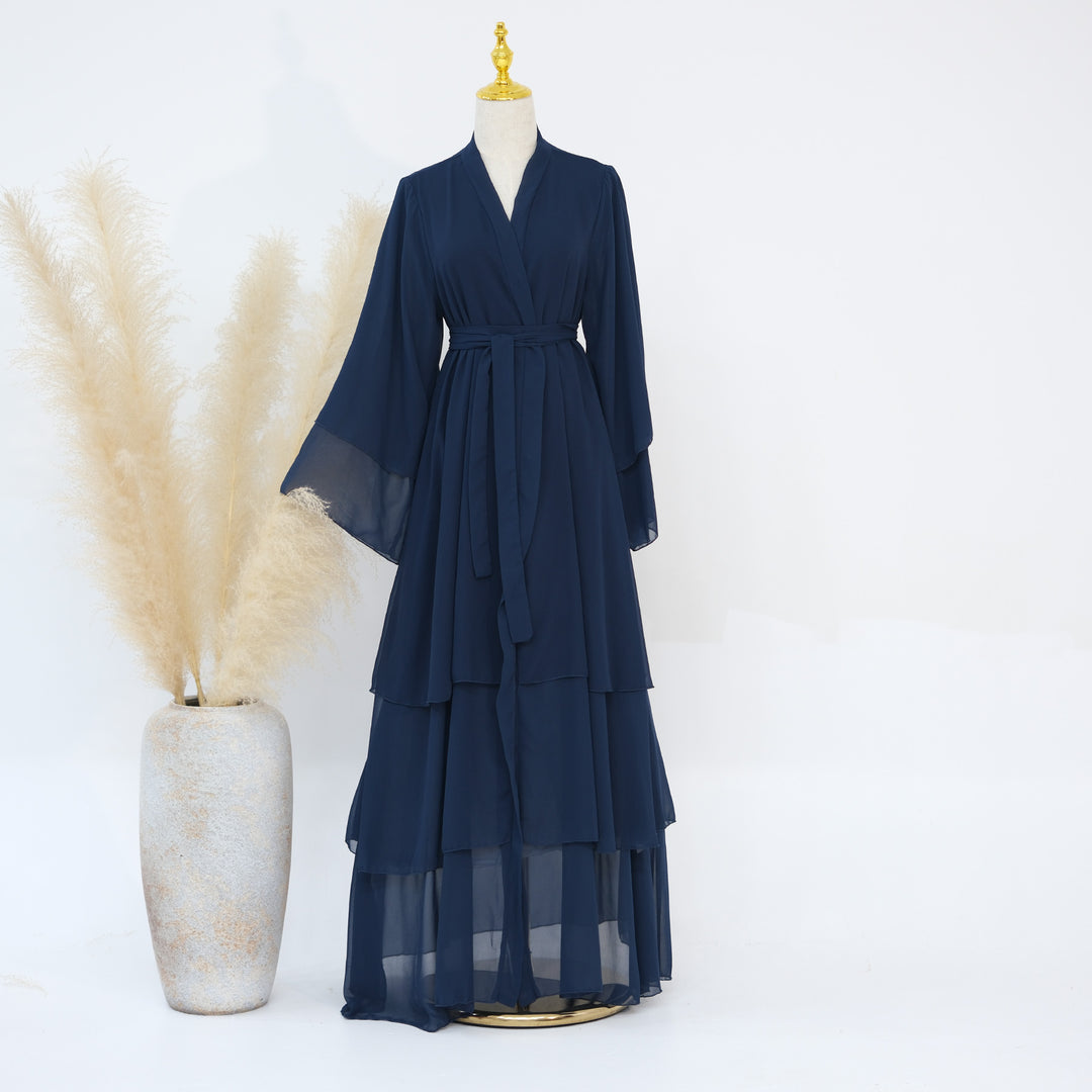 Get trendy with Zariah Layered Hem Chiffon Open Abaya - Navy - Cardigan available at Voilee NY. Grab yours for $69.90 today!