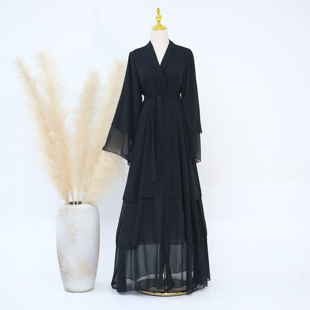 Get trendy with Zariah Layered Hem Chiffon Open Abaya - Black - Cardigan available at Voilee NY. Grab yours for $69.90 today!