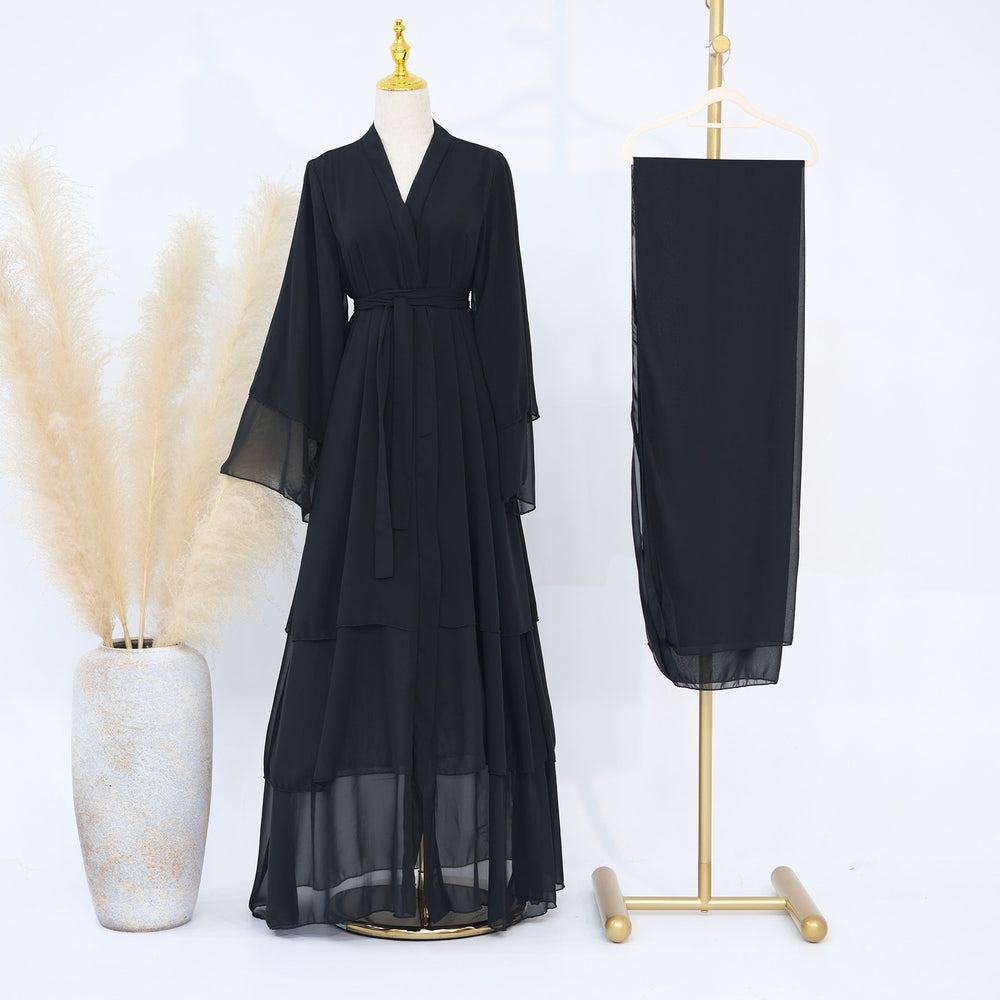 Get trendy with Zariah Layered Hem Chiffon Open Abaya - Black - Cardigan available at Voilee NY. Grab yours for $69.90 today!