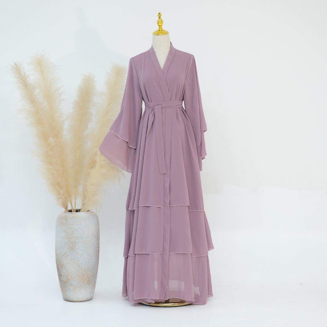Get trendy with Zariah Layered Hem Chiffon Open Abaya - Pink - Cardigan available at Voilee NY. Grab yours for $69.90 today!