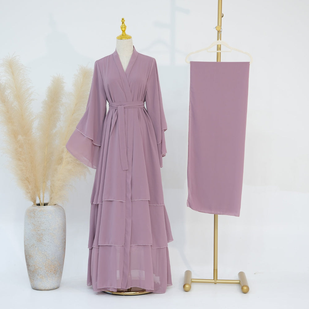 Get trendy with Zariah Layered Hem Chiffon Open Abaya - Pink - Cardigan available at Voilee NY. Grab yours for $69.90 today!