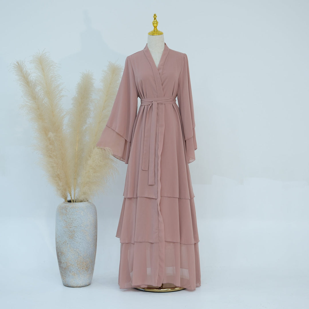 Get trendy with Zariah Layered Hem Chiffon Open Abaya - Coral - Cardigan available at Voilee NY. Grab yours for $69.90 today!