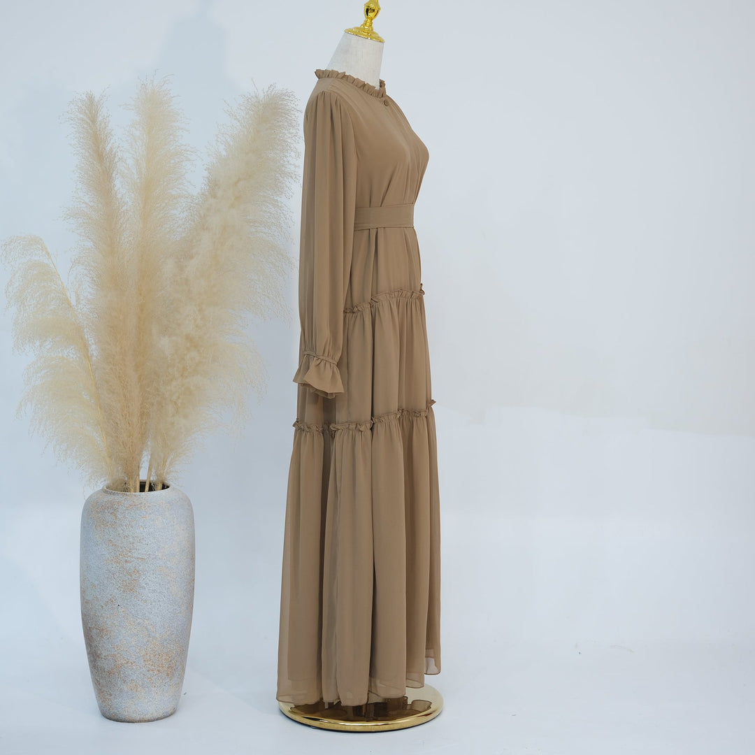 Get trendy with Molly Prairie Chiffon Maxi Dress - Beige - Dresses available at Voilee NY. Grab yours for $69.90 today!