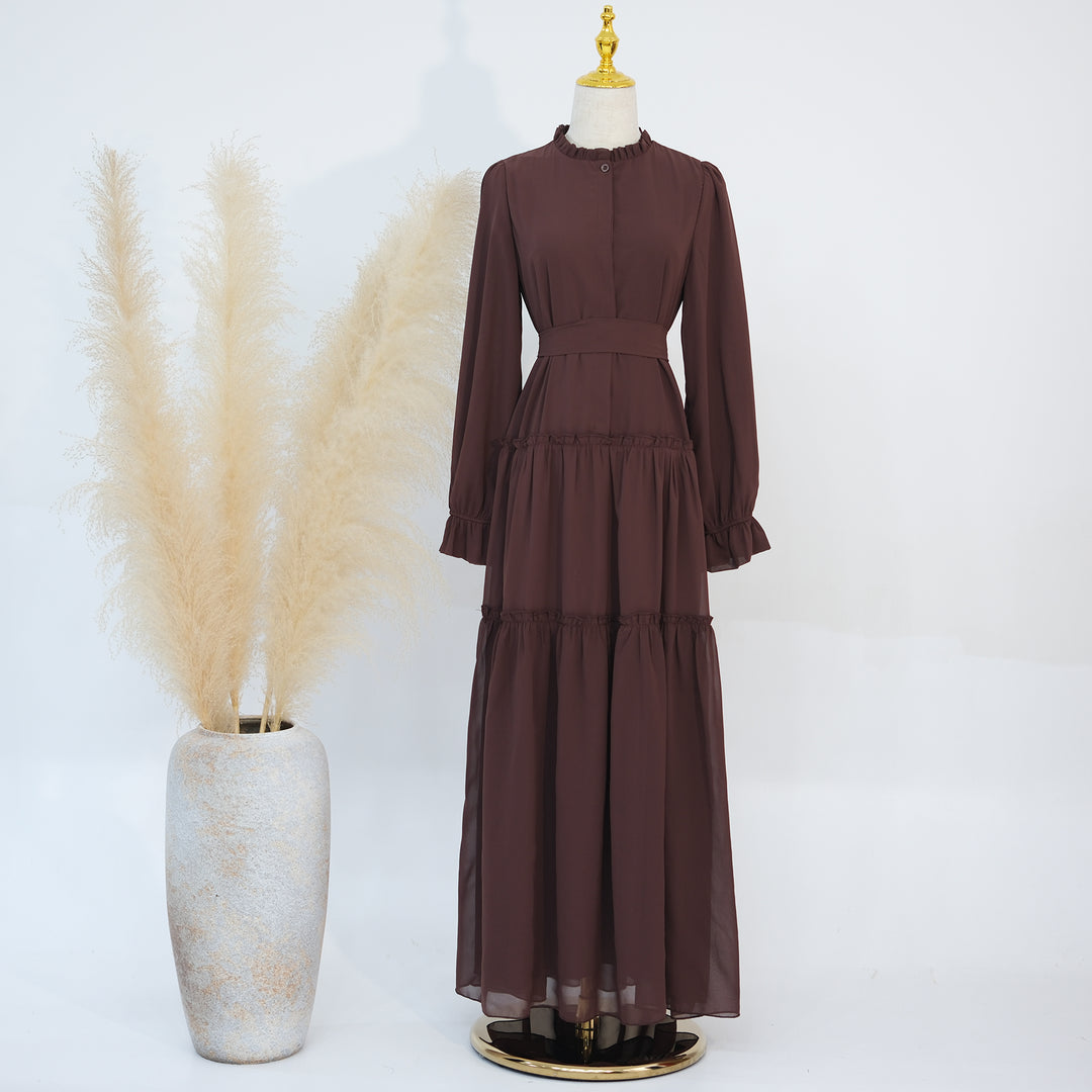 Get trendy with Molly Prairie Chiffon Maxi Dress - Coffee - Dresses available at Voilee NY. Grab yours for $69.90 today!