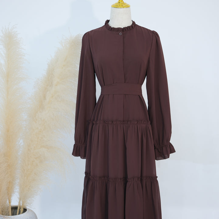 Get trendy with Molly Prairie Chiffon Maxi Dress - Coffee - Dresses available at Voilee NY. Grab yours for $69.90 today!