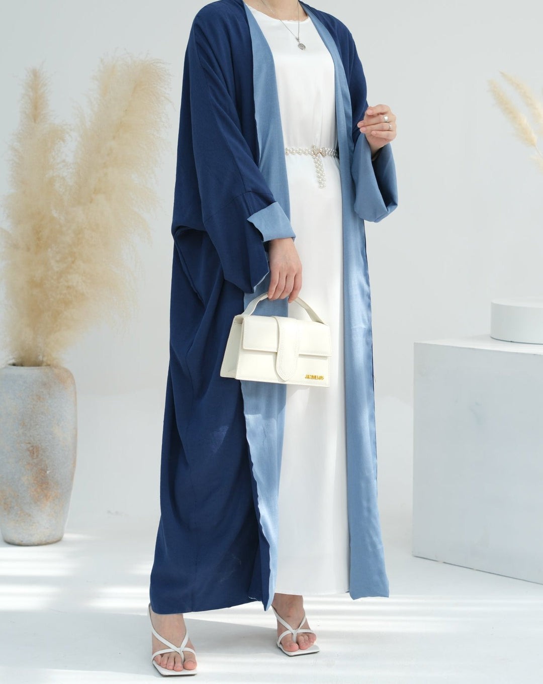 Get trendy with Nyla Reversible Abaya Kimono - Blue Denim - Cardigan available at Voilee NY. Grab yours for $64.90 today!