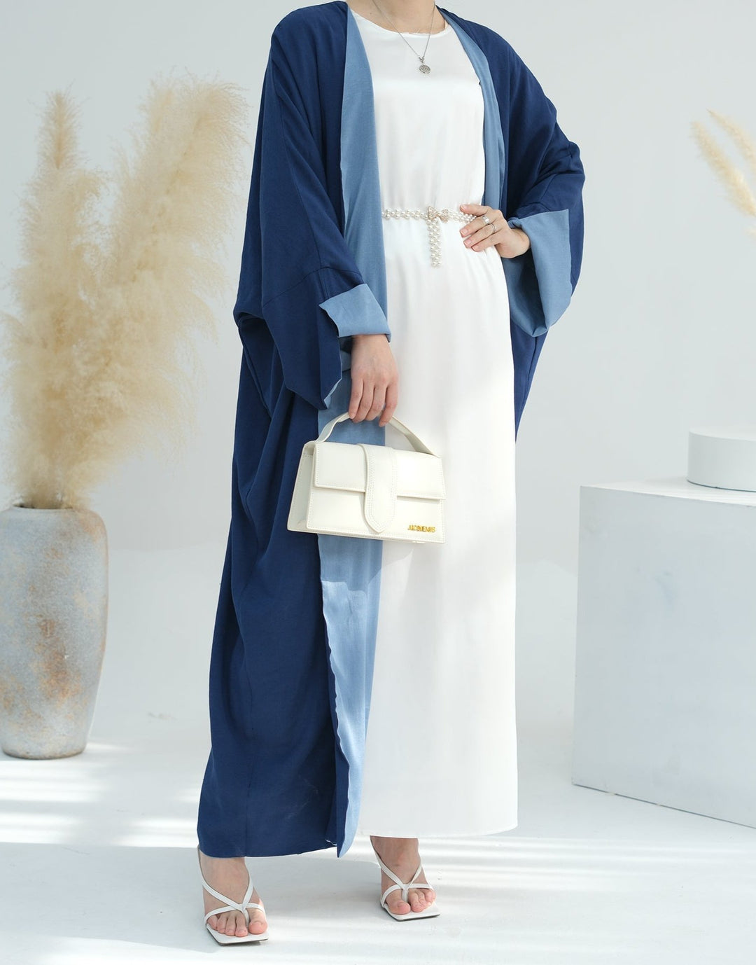 Get trendy with Nyla Reversible Abaya Kimono - Blue Denim - Cardigan available at Voilee NY. Grab yours for $64.90 today!