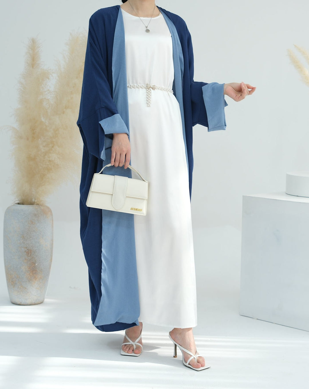 Get trendy with Nyla Reversible Abaya Kimono - Blue Denim - Cardigan available at Voilee NY. Grab yours for $64.90 today!