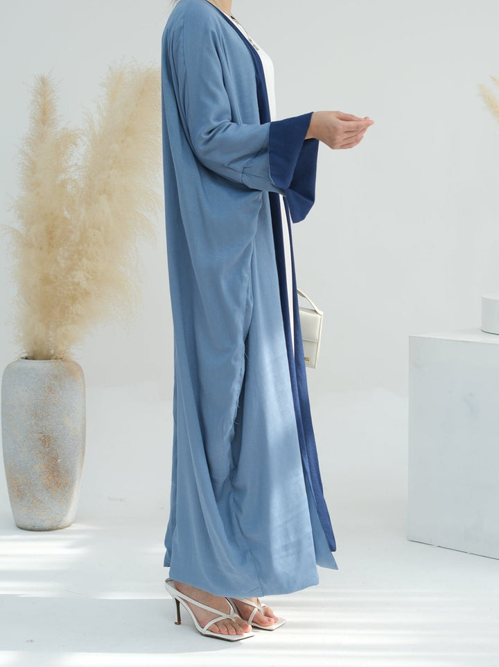 Get trendy with Nyla Reversible Abaya Kimono - Blue Denim - Cardigan available at Voilee NY. Grab yours for $64.90 today!