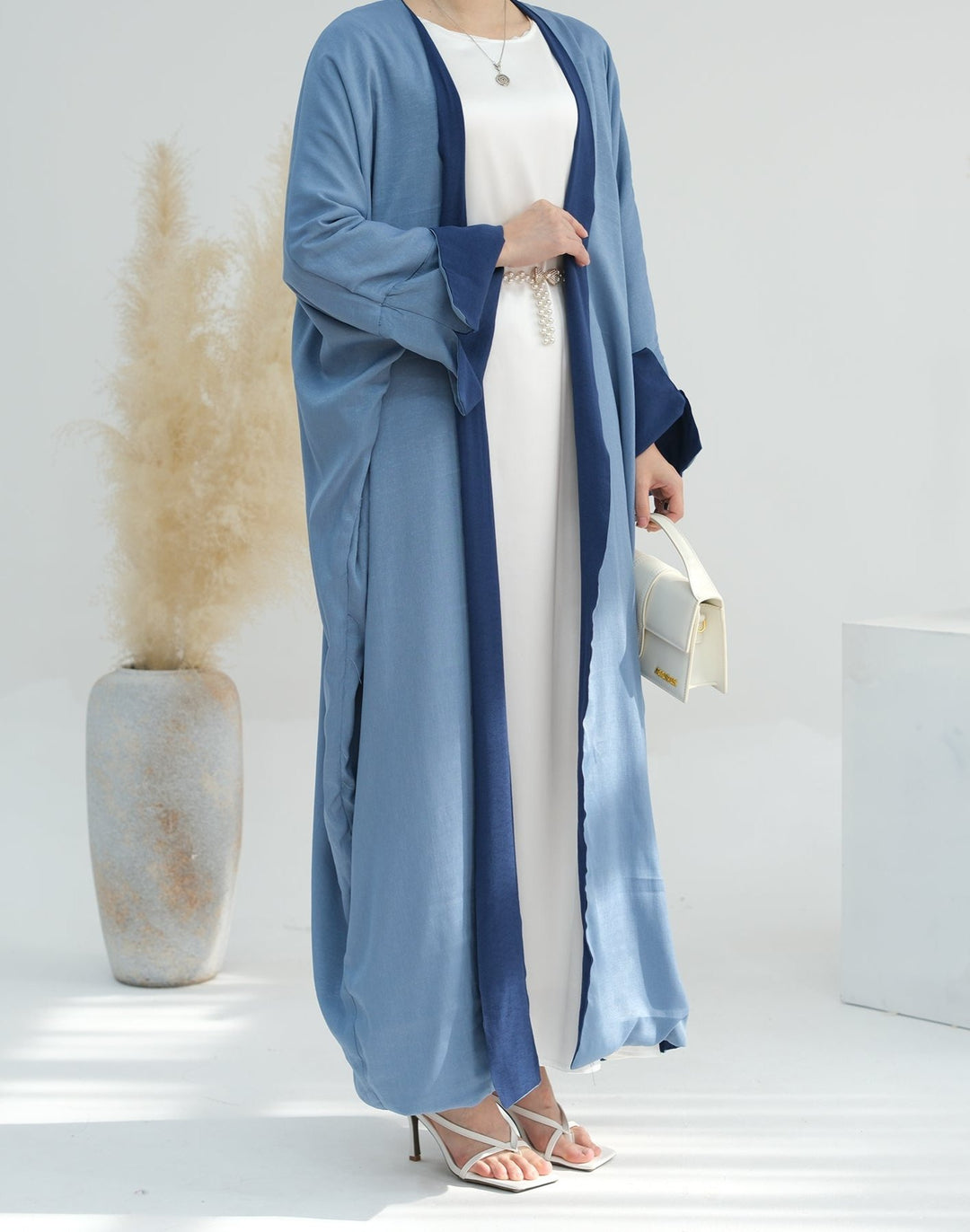 Get trendy with Nyla Reversible Abaya Kimono - Blue Denim - Cardigan available at Voilee NY. Grab yours for $64.90 today!