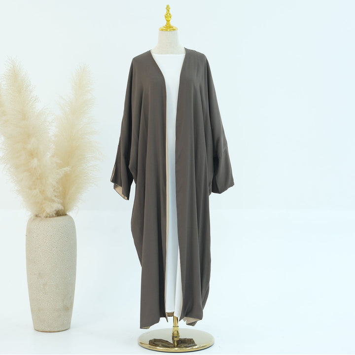 Get trendy with Nyla Reversible Abaya Kimono - Beige Brown - Cardigan available at Voilee NY. Grab yours for $64.90 today!