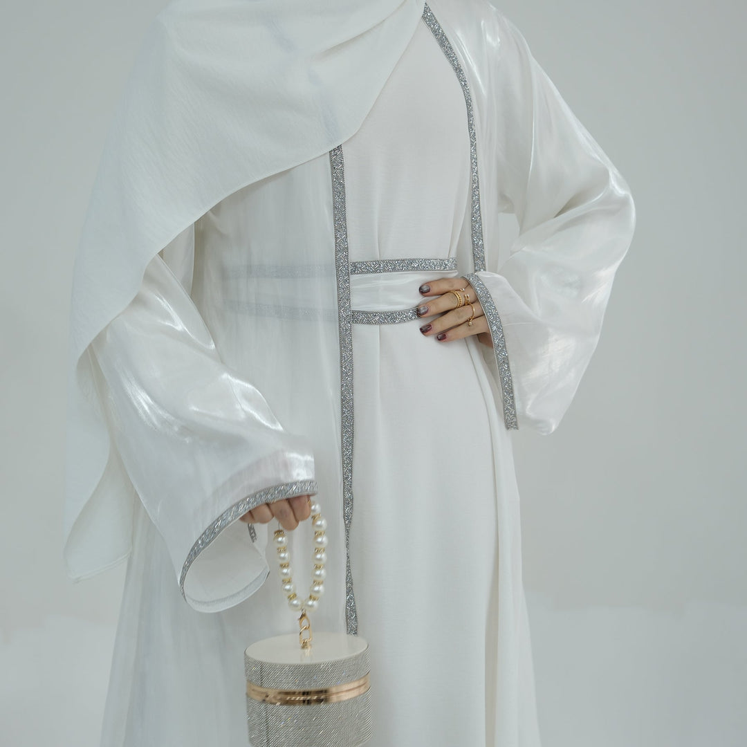 Get trendy with Siena Sequin Abaya Set - White - Dresses available at Voilee NY. Grab yours for $84.90 today!