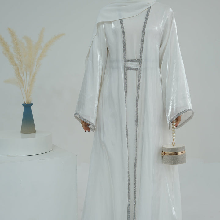 Get trendy with Siena Sequin Abaya Set - White - Dresses available at Voilee NY. Grab yours for $84.90 today!
