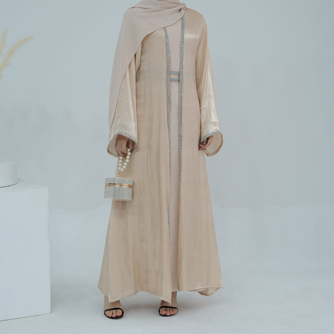 Get trendy with Siena Sequin Abaya Set - Champagne - Dresses available at Voilee NY. Grab yours for $84.90 today!