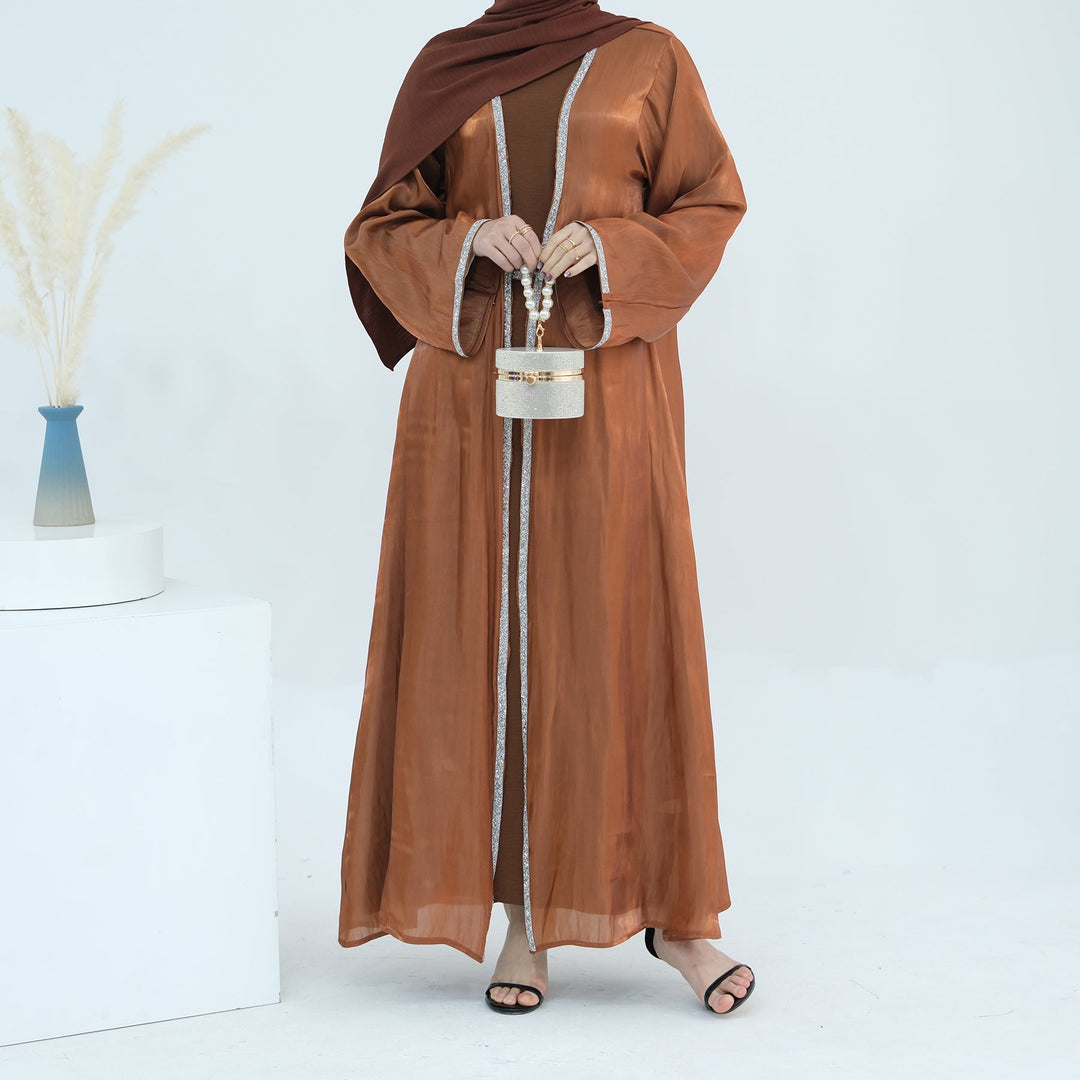 Get trendy with Siena Sequin Abaya Set - Chestnut - Dresses available at Voilee NY. Grab yours for $84.90 today!