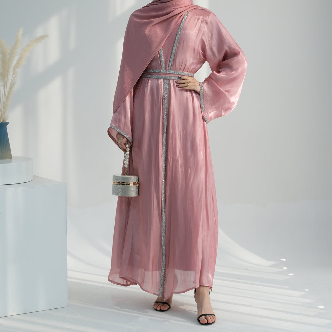 Get trendy with Siena Sequin Abaya Set - Pink - Dresses available at Voilee NY. Grab yours for $84.90 today!