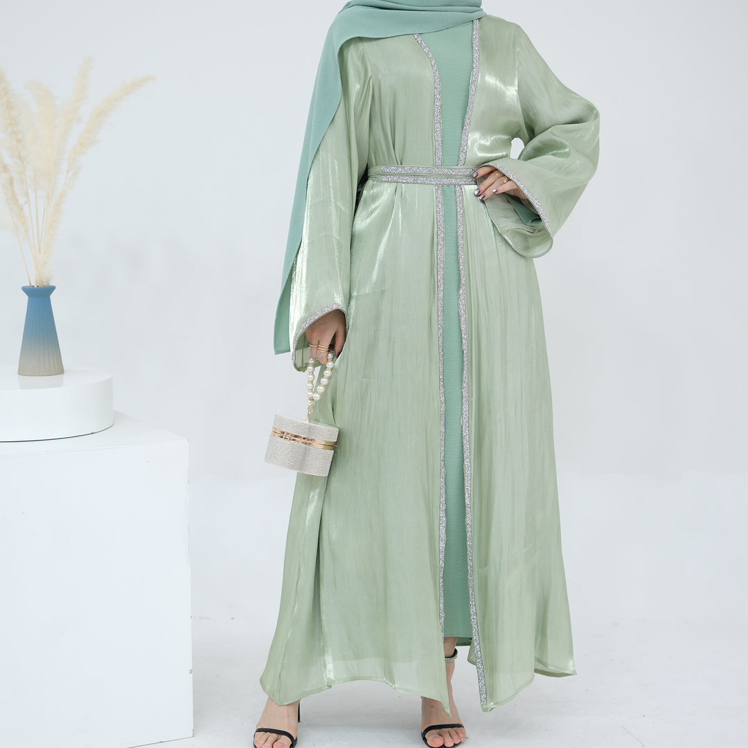 Get trendy with Siena Sequin Abaya Set - Mint - Dresses available at Voilee NY. Grab yours for $84.90 today!