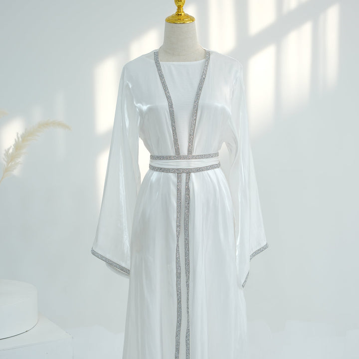 Get trendy with Siena Sequin Abaya Set - White - Dresses available at Voilee NY. Grab yours for $84.90 today!