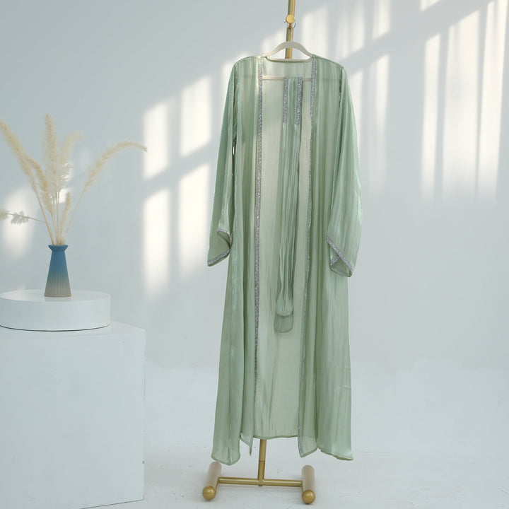 Get trendy with Siena Sequin Abaya Set - Mint - Dresses available at Voilee NY. Grab yours for $84.90 today!