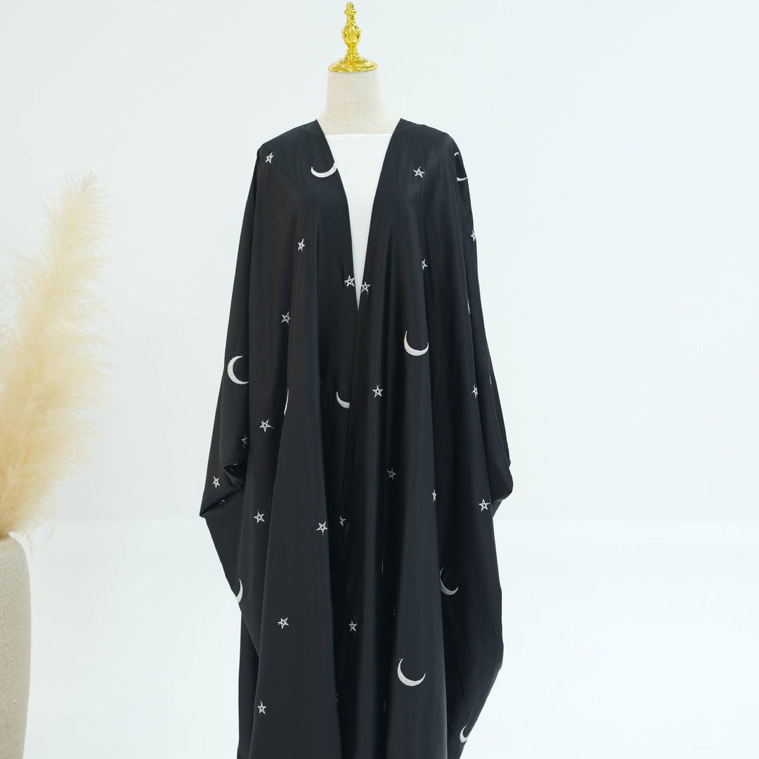 Get trendy with Hannah Moon Star Open Abaya - Black - Cardigan available at Voilee NY. Grab yours for $69.90 today!