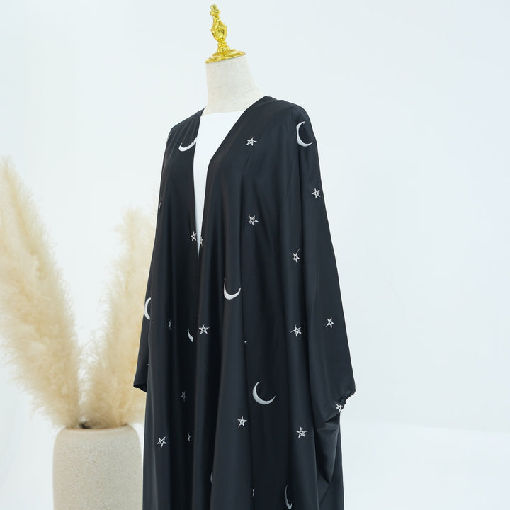 Get trendy with Hannah Moon Star Open Abaya - Black - Cardigan available at Voilee NY. Grab yours for $69.90 today!