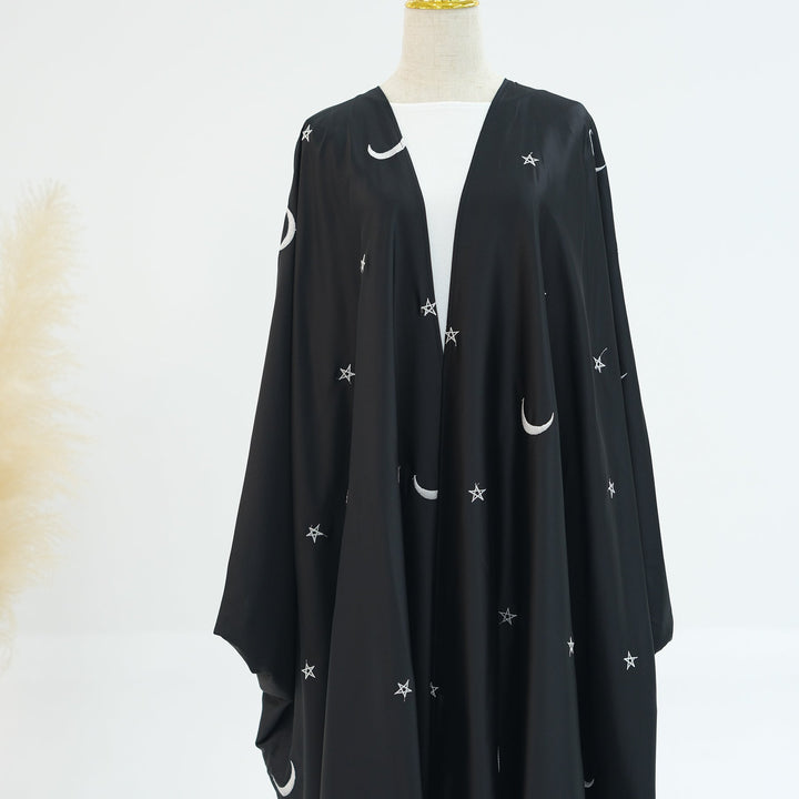 Get trendy with Hannah Moon Star Open Abaya - Black - Cardigan available at Voilee NY. Grab yours for $69.90 today!