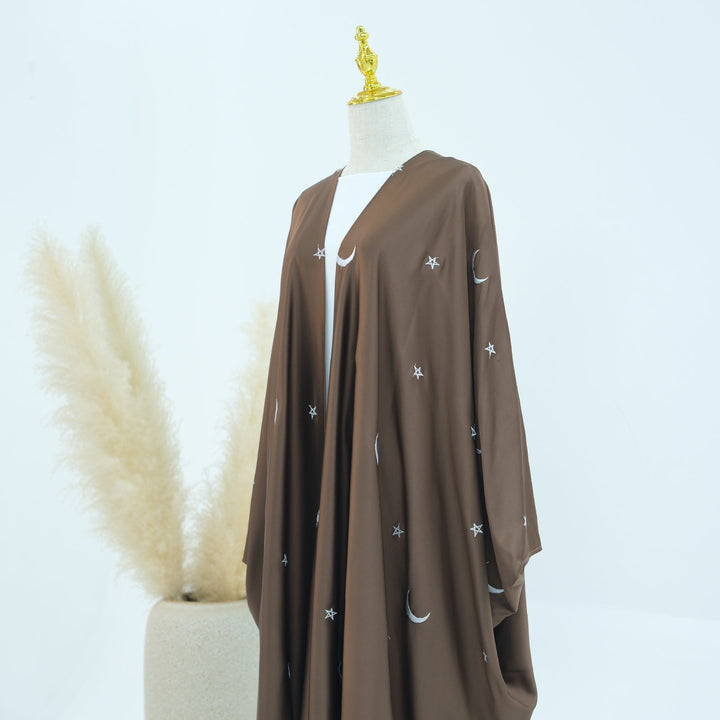 Get trendy with Hannah Moon Star Open Abaya - Brown - Cardigan available at Voilee NY. Grab yours for $69.90 today!