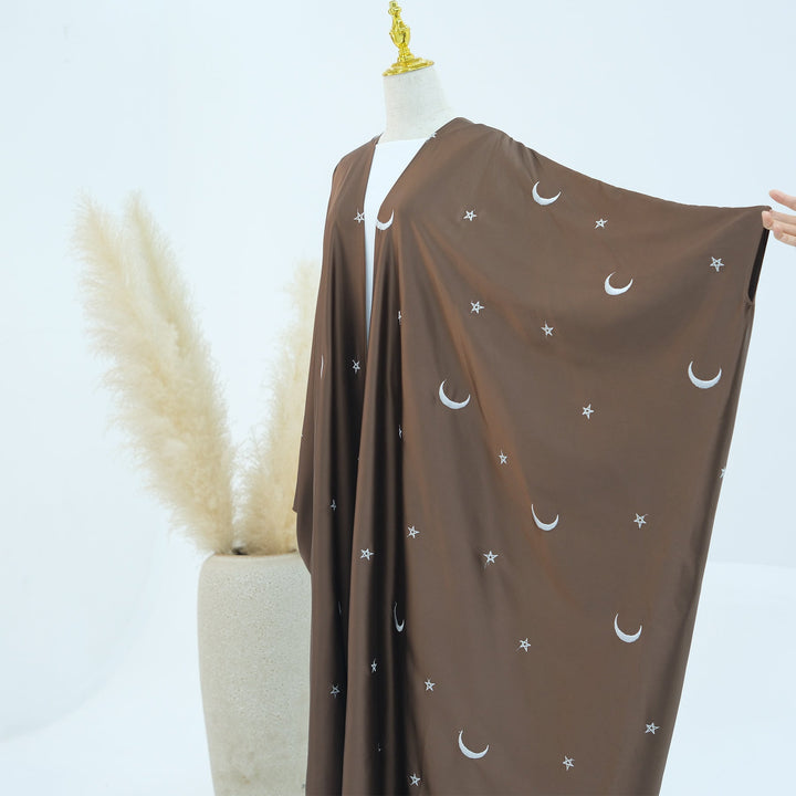Get trendy with Hannah Moon Star Open Abaya - Brown - Cardigan available at Voilee NY. Grab yours for $69.90 today!
