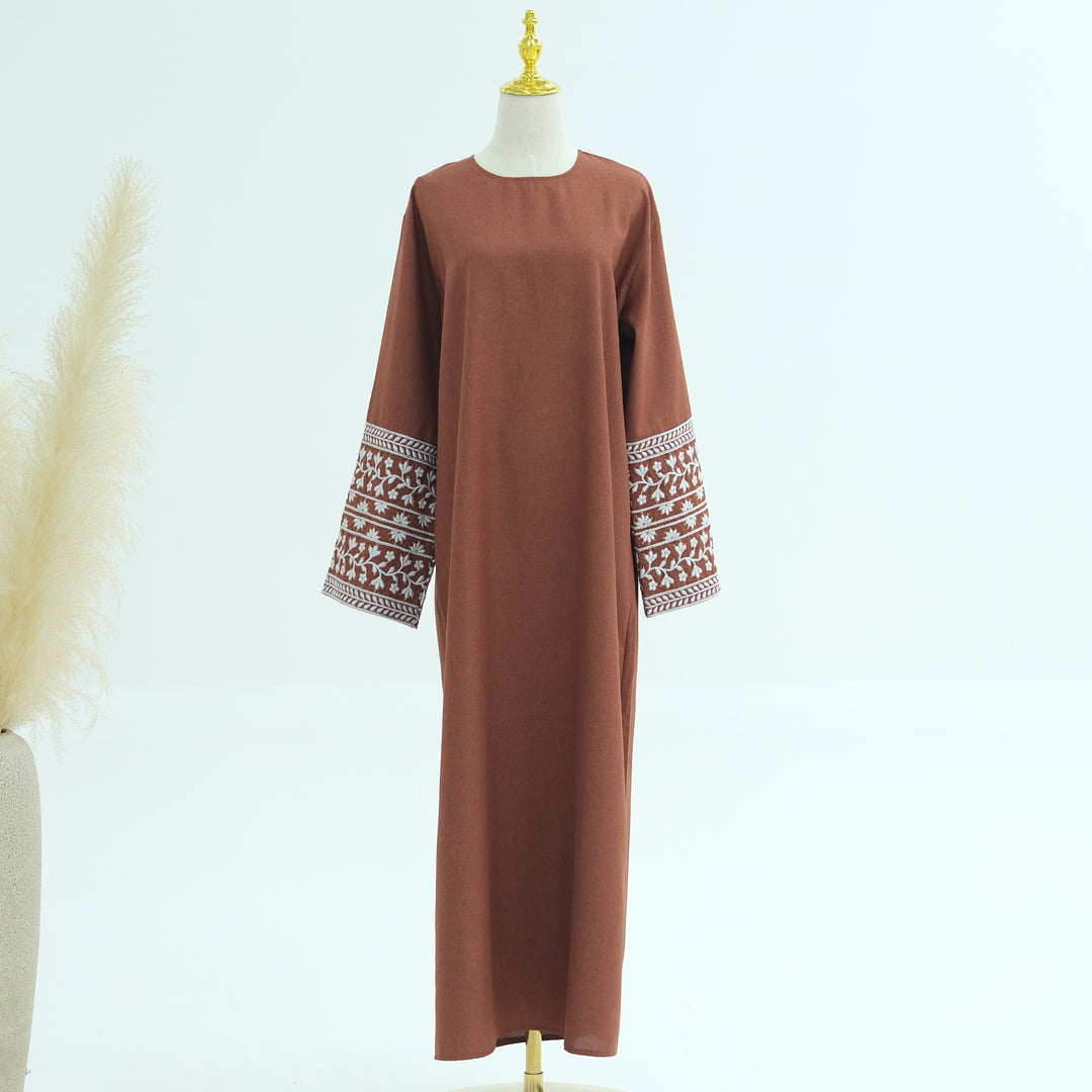 Get trendy with Josie Embroidered Abaya - Brown - Dresses available at Voilee NY. Grab yours for $59.90 today!