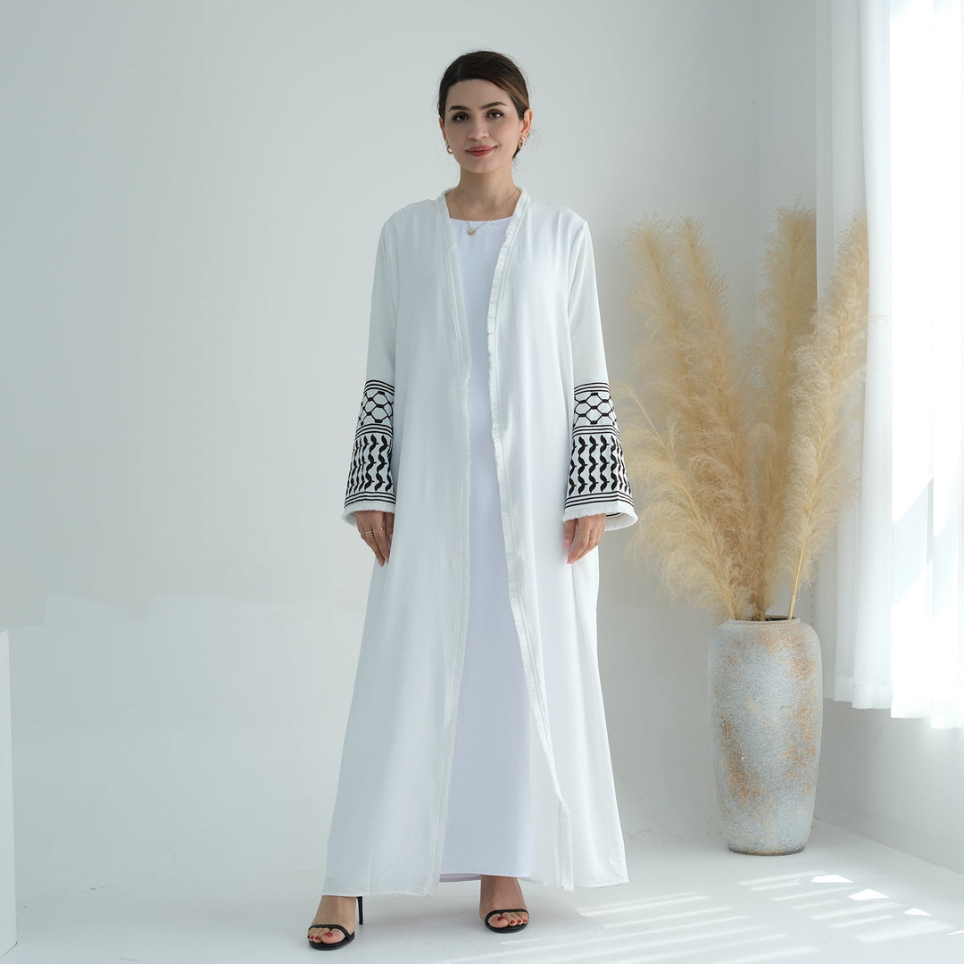 Get trendy with Kufiya Open Abaya Set - White - Cardigan available at Voilee NY. Grab yours for $64.90 today!